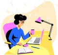 Girl with a mug of tea in hand works sitting at a table on a laptop. Copywriter, writer, journalist at work at home. Flat vector i